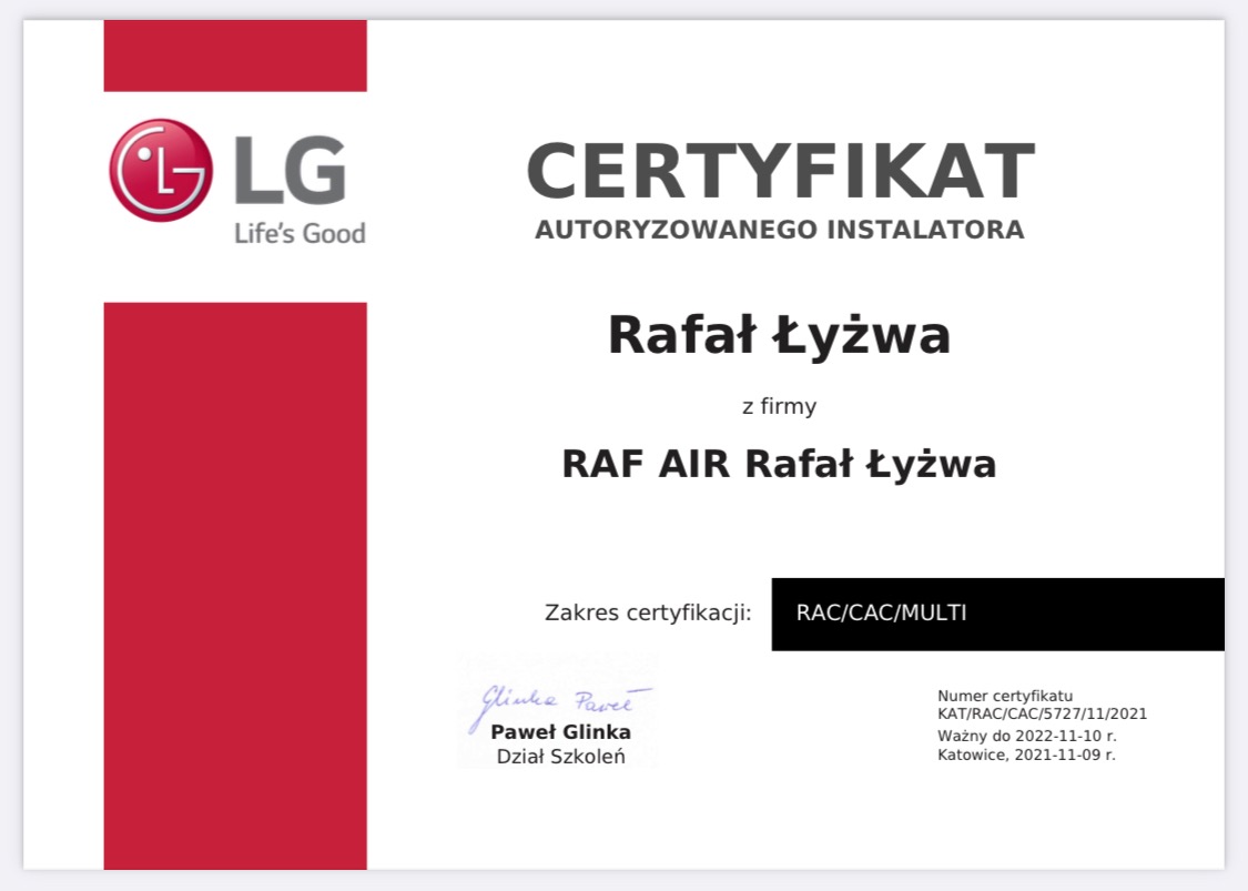 Certyfikat autoryzowanego instalatora LG dla Rafała Łyżwy z firmy RAF AIR Rafał Łyżwa, zakres certyfikacji RAC/CAC/MULTI, podpisany przez Pawła Glinkę z Działu Szkoleń.
