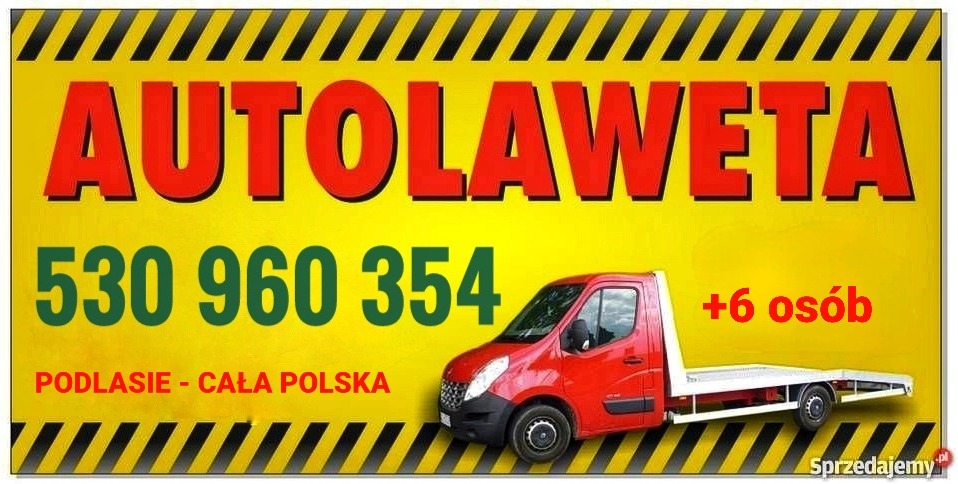 Żółto-czarny baner reklamowy z czerwoną autolawetą, numerem telefonu i informacją o zasięgu działania firmy: Podlasie - Cała Polska.