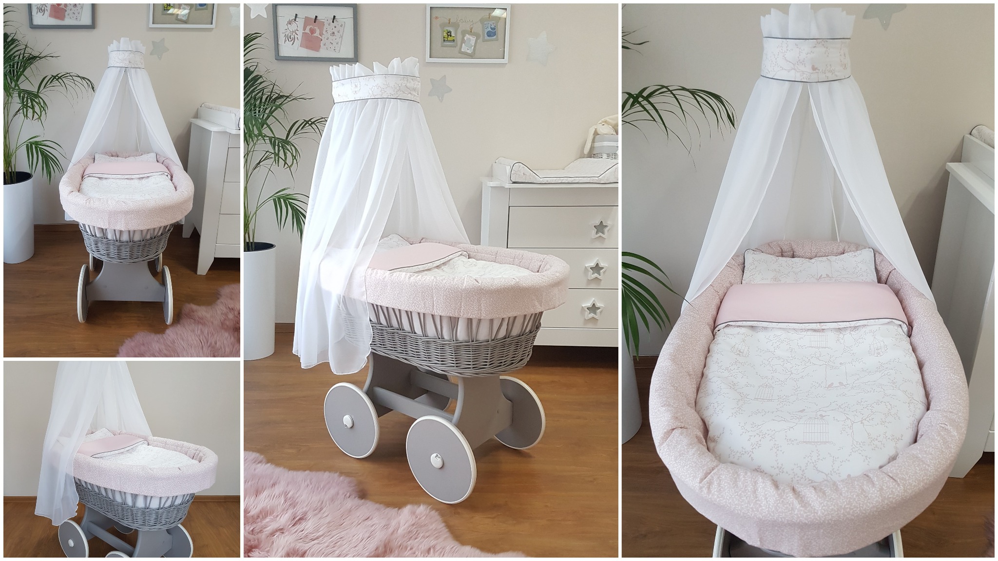 Ręcznie szyta pościel do wiklinowego wózka niemowlęcego na kółkach, z baldachimem. Pastelowa kolorystyka, motyw ptaków na białym tle, komplet z poduszką i kołderką.