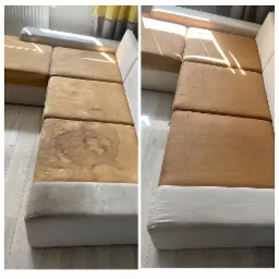 Porównanie stanu narożnika tapicerowanego przed i po czyszczeniu, widoczne wyraźne różnice w kolorze i czystości materiału.