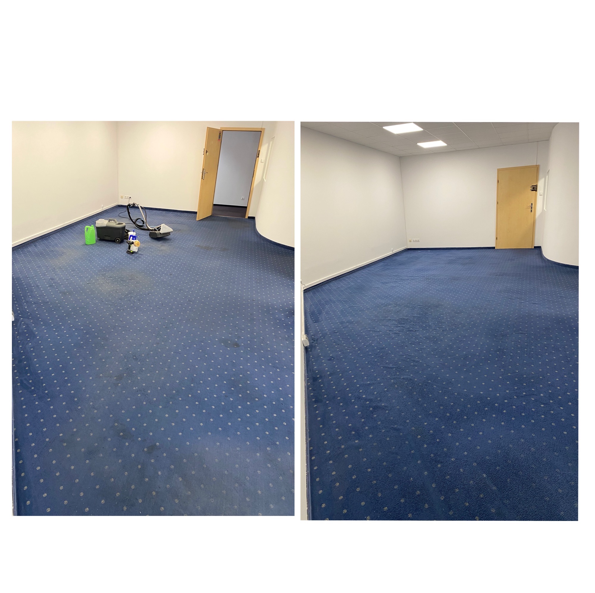 Porównanie: fragment biura z niebieską wykładziną dywanową przed i po czyszczeniu. Po lewej widoczne plamy i urządzenie do czyszczenia dywanów, po prawej czysta wykładzina.
