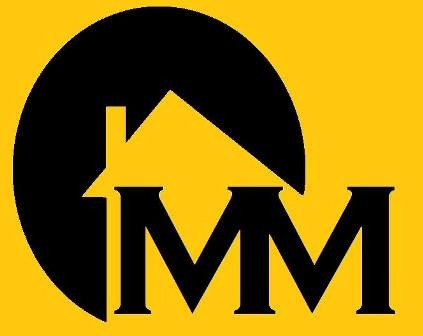 Logo firmy z sylwetką domu w czarnym okręgu na żółtym tle, obok inicjały 'IMM' w dużej czcionce.