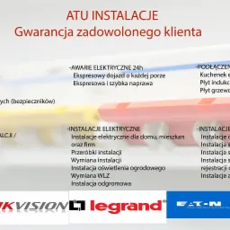 Grafika reklamowa firmy ATU Instalacje z listą oferowanych usług elektrycznych, w tym instalacje elektryczne, awarie 24h, podłączenia AGD, instalacje niskoprądowe, pomiary instalacji oraz logotypy...