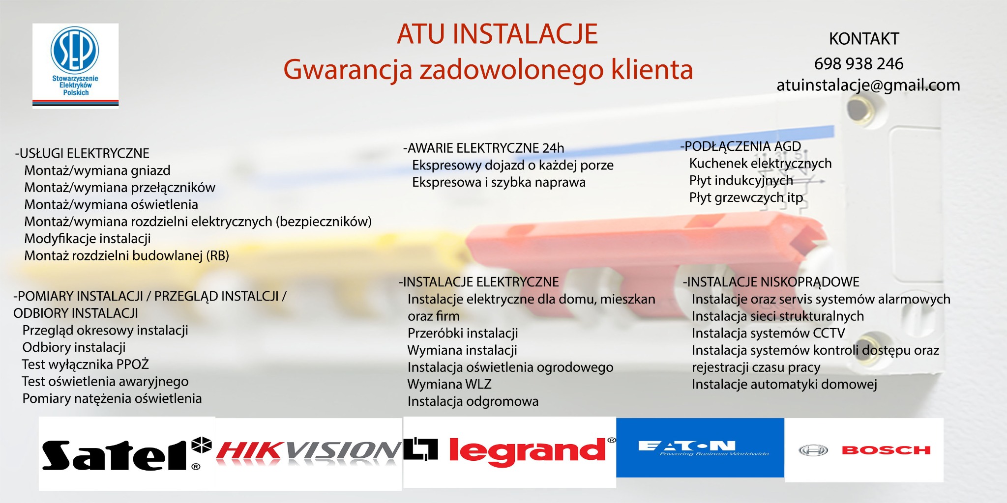 Grafika reklamowa firmy ATU Instalacje z listą oferowanych usług elektrycznych, w tym instalacje elektryczne, awarie 24h, podłączenia AGD, instalacje niskoprądowe, pomiary instalacji oraz logotypy...