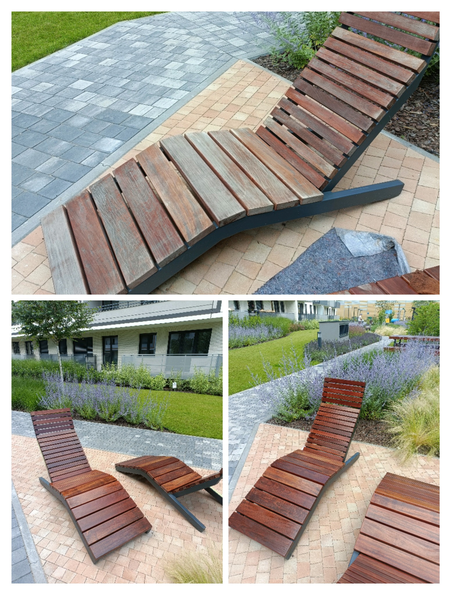 Dwa drewniane leżaki ogrodowe z metalową ramą na kostce brukowej, w tle budynek mieszkalny i zielony trawnik z kwitnącymi roślinami.