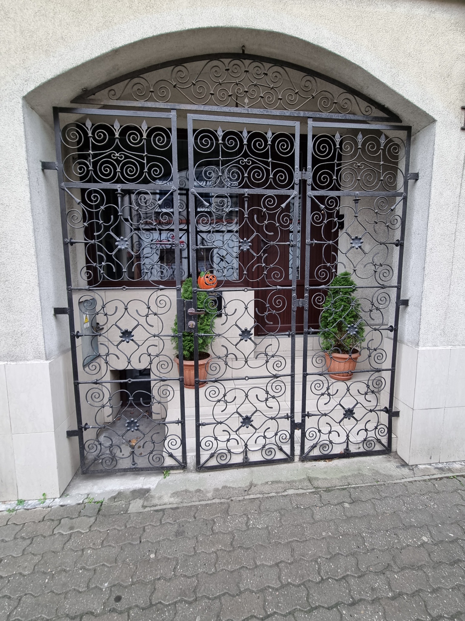 Metalowa brama wejściowa z ozdobnymi elementami, z dwoma doniczkami z roślinami po bokach i dekoracją w postaci dyni na Halloween, widziana z zewnątrz na tle drzwi wejściowych.