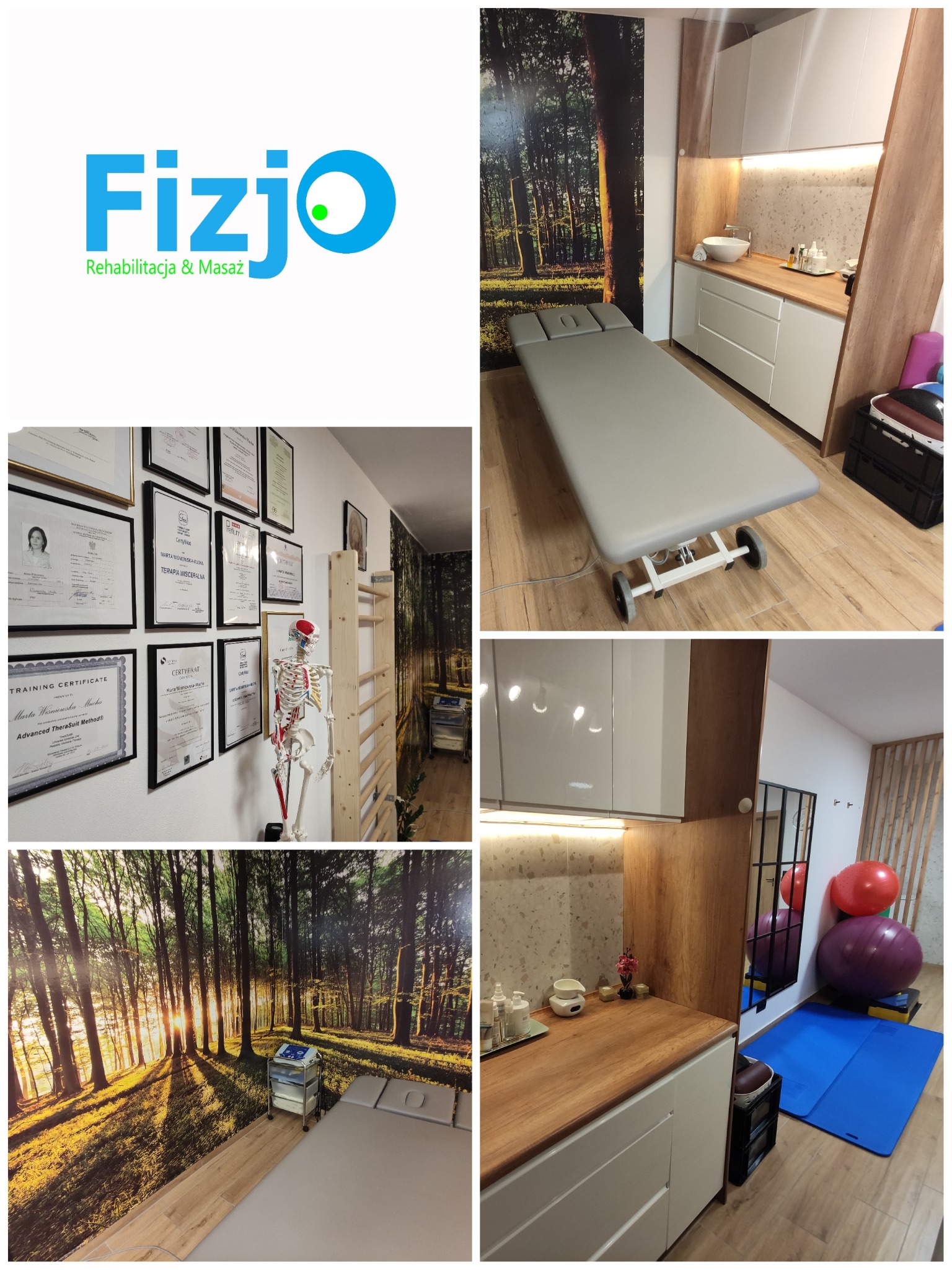 Wnętrze gabinetu z leżanką, szafkami, piłkami do ćwiczeń i ścianą z certyfikatami oraz logo firmy w lewym górnym rogu.