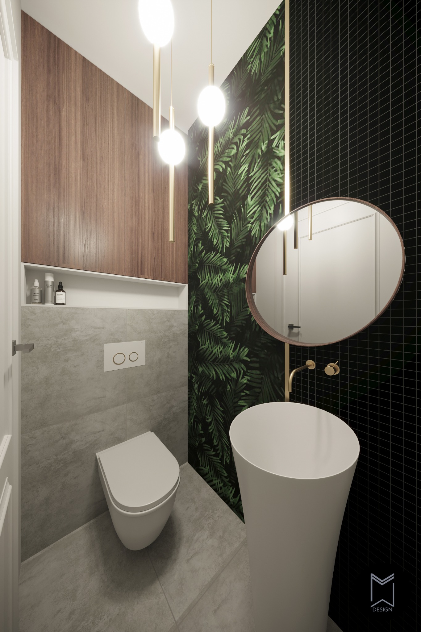 Nowoczesna łazienka z wiszącą toaletą, umywalką wolnostojącą i czarno-zieloną tapetą w liście, oświetlona trzema wiszącymi lampami z elementami w kolorze złotym.