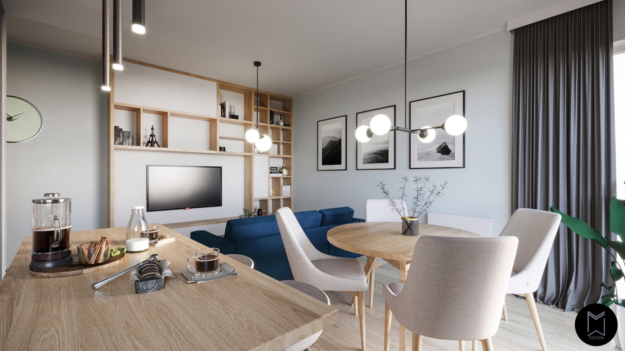 Nowoczesne wnętrze: drewniany stół z kawą i ciastkami, w tle niebieska sofa, regał z telewizorem i okrągły stół jadalny z krzesłami.