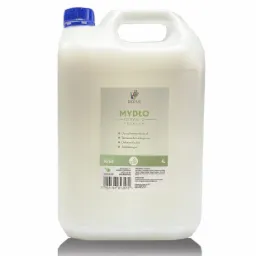 Plastikowy kanister z płynnym mydłem marki Biopur o zapachu konwalii, etykieta z informacjami o składzie i właściwościach, niebieska zakrętka, widoczne odbicie na białym tle.