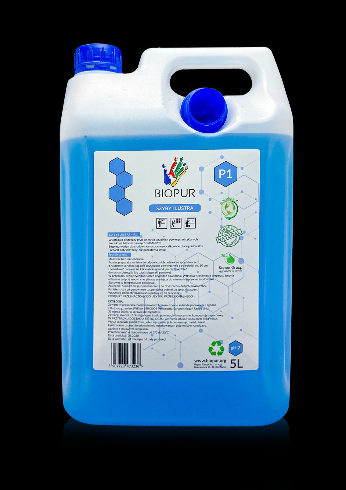 Kanister z niebieskim płynem do mycia szyb i luster marki Biopur, z widocznymi informacjami o składzie i zastosowaniu, umieszczony na czarnym tle.