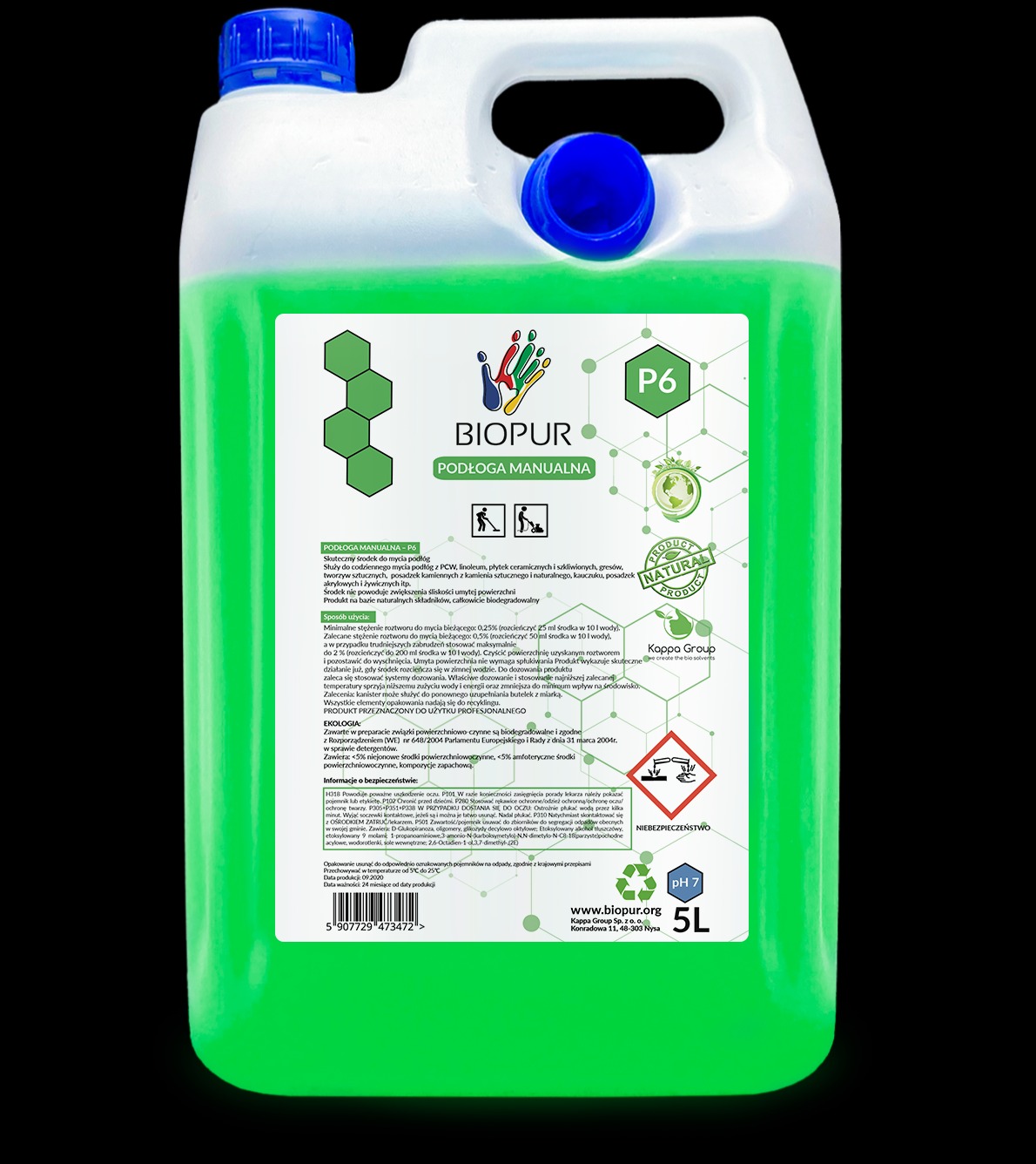 Kanister z zielonym płynem do mycia podłóg Biopur P6, z etykietą informującą o składzie i zastosowaniu, przeznaczony do użytku profesjonalnego.