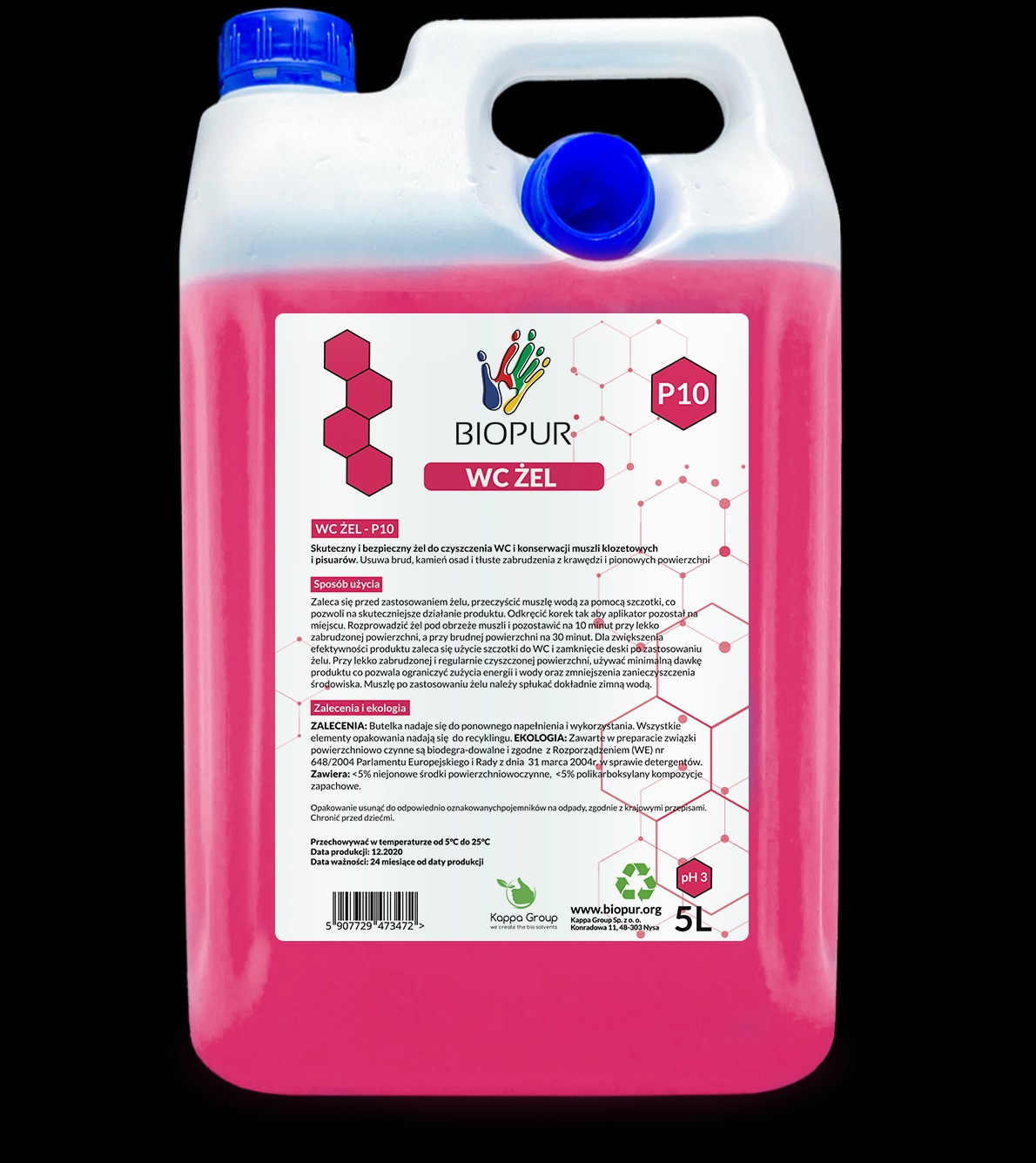 Kanister z różowym żelem do WC Biopur z informacją o składzie, sposobie użycia i zaleceniach ekologicznych.