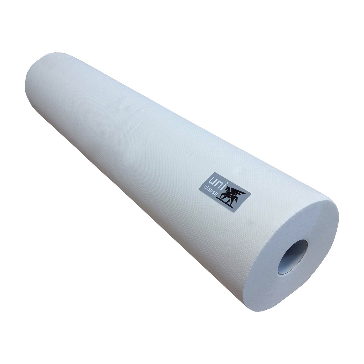 Rolka białego podkładu pod panele podłogowe z widocznym logo producenta.