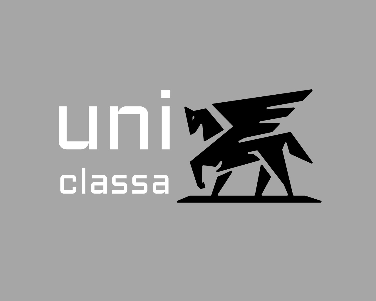 Logo firmy Uniclassa przedstawiające białym napisem nazwę firmy i czarną, stylizowaną sylwetkę skrzydlatego konia na szarym tle.