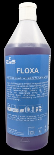 Butelka środka czyszczącego Floxa do użytku profesjonalnego, przeznaczona do różnych powierzchni, w tym drewna lakierowanego, z widocznymi informacjami o pH i sposobie użycia.