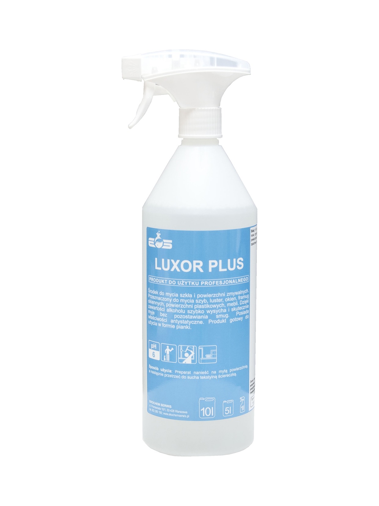 Biała butelka z rozpylaczem środka czyszczącego Luxor Plus do szkła i powierzchni zmywalnych, z etykietą zawierającą instrukcję użycia i informacje o produkcie.