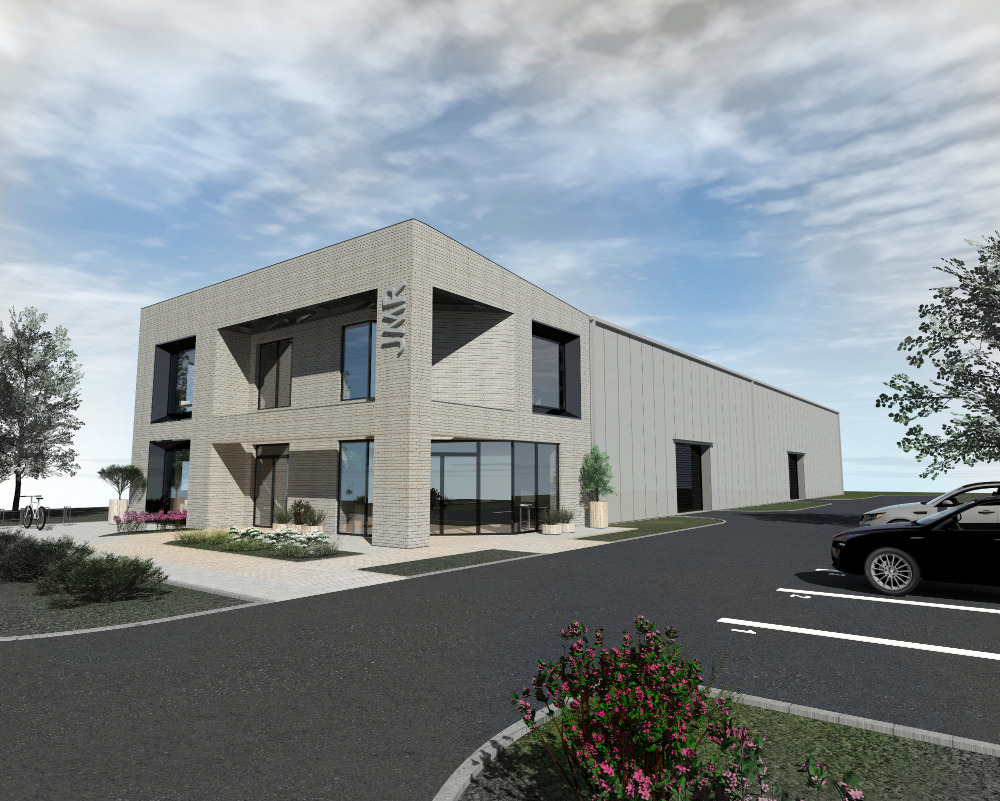 Wizualizacja budynku usługowego z szarej cegły z logo firmy na rogu, otoczonego zielenią i parkingiem z samochodami.