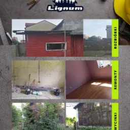Kompilacja zdjęć prezentująca usługi firmy Lignum: rozbiórka, remonty wnętrz i wycinka drzew, z logo firmy, narzędziami i kaskiem w tle.