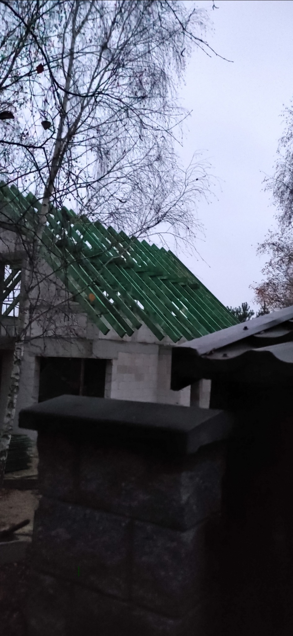 Surowa konstrukcja domu z widoczną zieloną więźbą dachową, uchwycona w pochmurny dzień z perspektywy niskiego ogrodzenia.