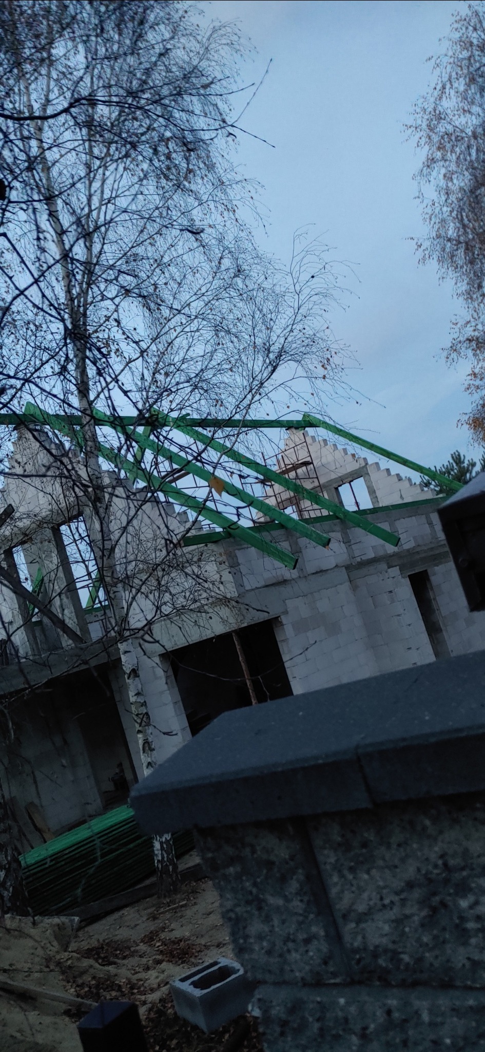 Niedokończony budynek z widoczną konstrukcją dachu z zielonych belek, sfotografowany z dołu przez gałęzie drzewa.
