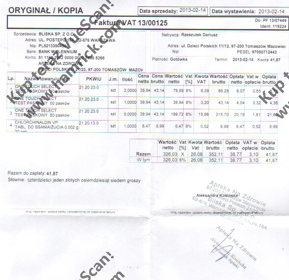 Skan faktury VAT z Tomaszowa Mazowieckiego z datą wystawienia 2013-02-14, wystawionej przez Bliska Sp. z o.o. na Rzeszutka Dariusza, szczegółowo wyliczającej zakupione leki i inne towary apteczne.