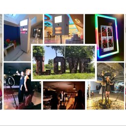 P&M Partyservice - Kolaż zdjęć przedstawiających różne rodzaje urządzeń do robienia zdjęć na imprezach, w tym drewnianą kabinę na trójnogu z rekwizytami, lustro z kolorowym oświetleniem LED oraz platformę obrotową...