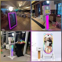 P&M Partyservice - Kompozycja z czterech ujęć: klasyczna, podświetlana instalacja do zdjęć na tle sali bankietowej, urządzenie z różowym podświetleniem, model z rekwizytami i tłem, oraz lustro z efektem tęczy...