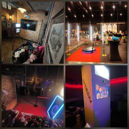 P&M Partyservice - Różne ujęcia: Klasyczna fotobudka z rekwizytami w Połęczynie, obrotowa platforma 360 z oświetleniem LED i ekran z kolażem zdjęć z sesji.