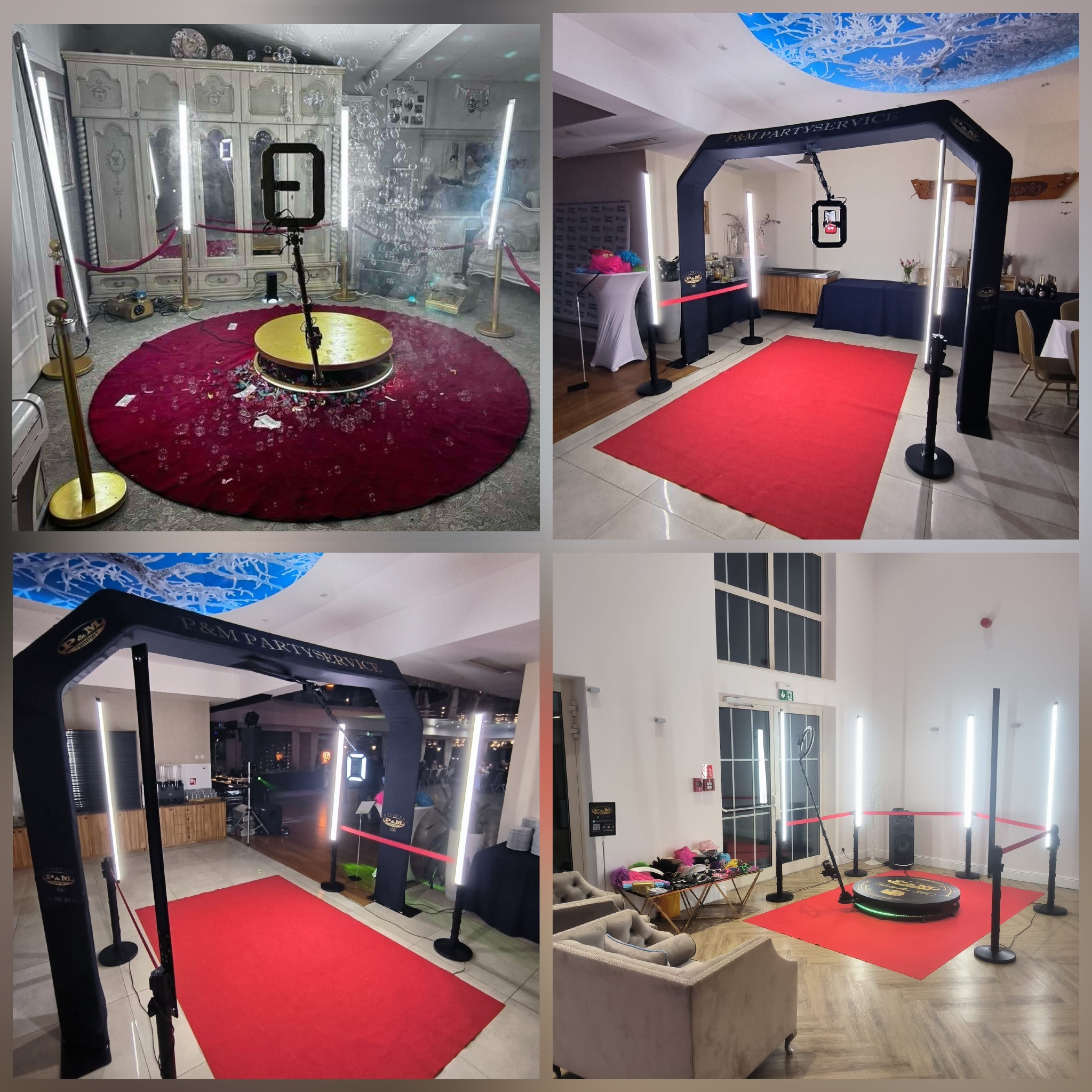 Zestaw do nagrywania wideo 360 stopni z oświetleniem LED i czerwonym dywanem, różne aranżacje i tła, w tym dekoracje imprezowe i eleganckie meble.