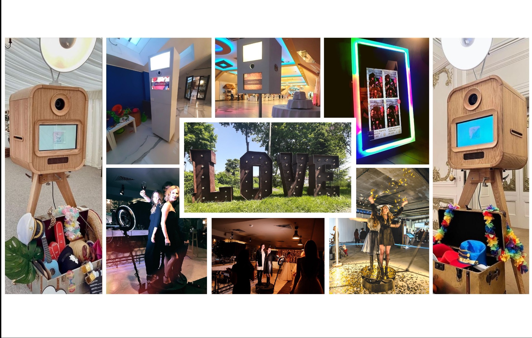 Kolaż zdjęć przedstawiających różne rodzaje urządzeń do robienia zdjęć na imprezach, w tym drewnianą kabinę na trójnogu z rekwizytami, lustro z kolorowym oświetleniem LED oraz platformę obrotową...