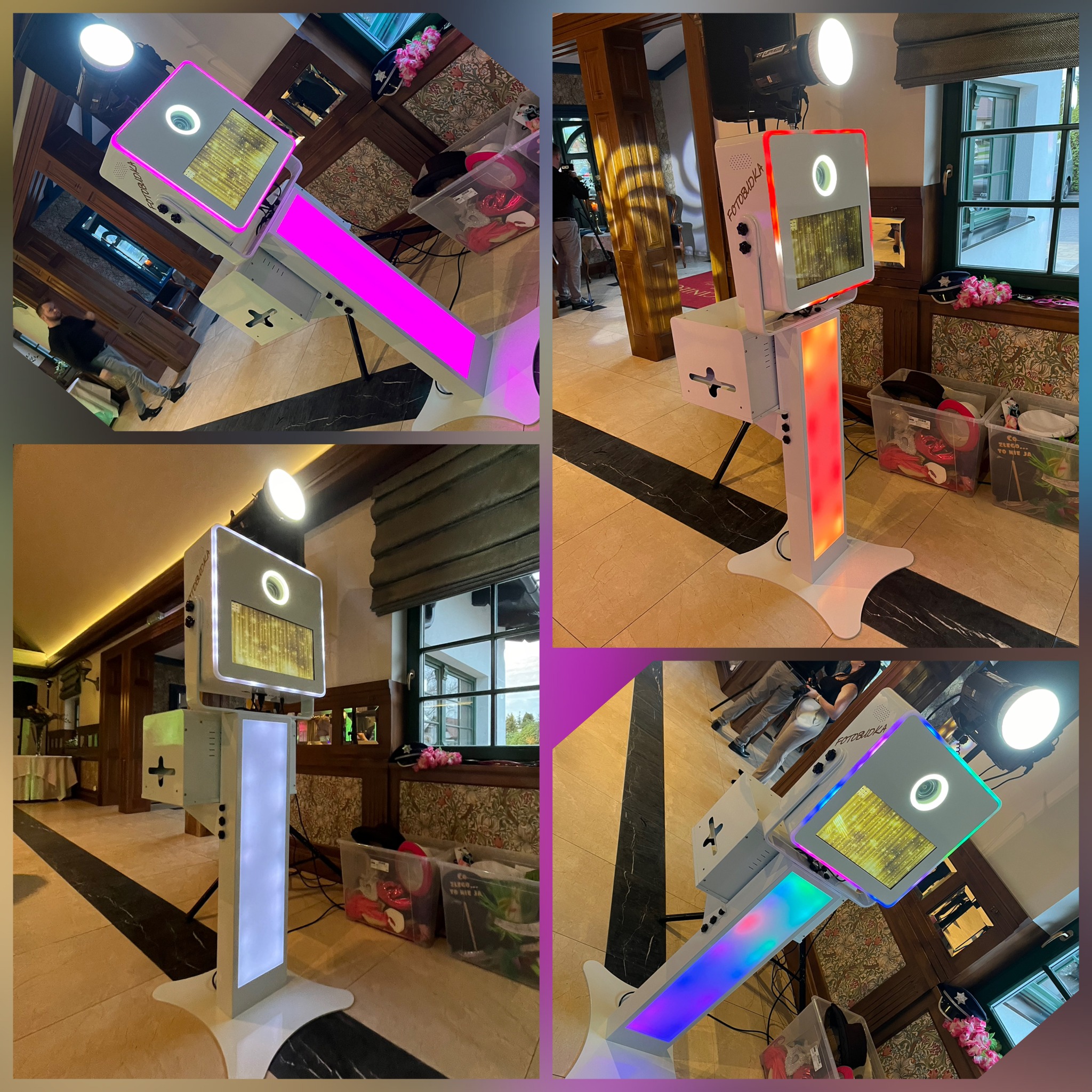 Zestaw czterech ujęć urządzenia do wykonywania pamiątkowych zdjęć z kolorowym podświetleniem, ustawionego w pomieszczeniu z dekoracjami i rekwizytami.