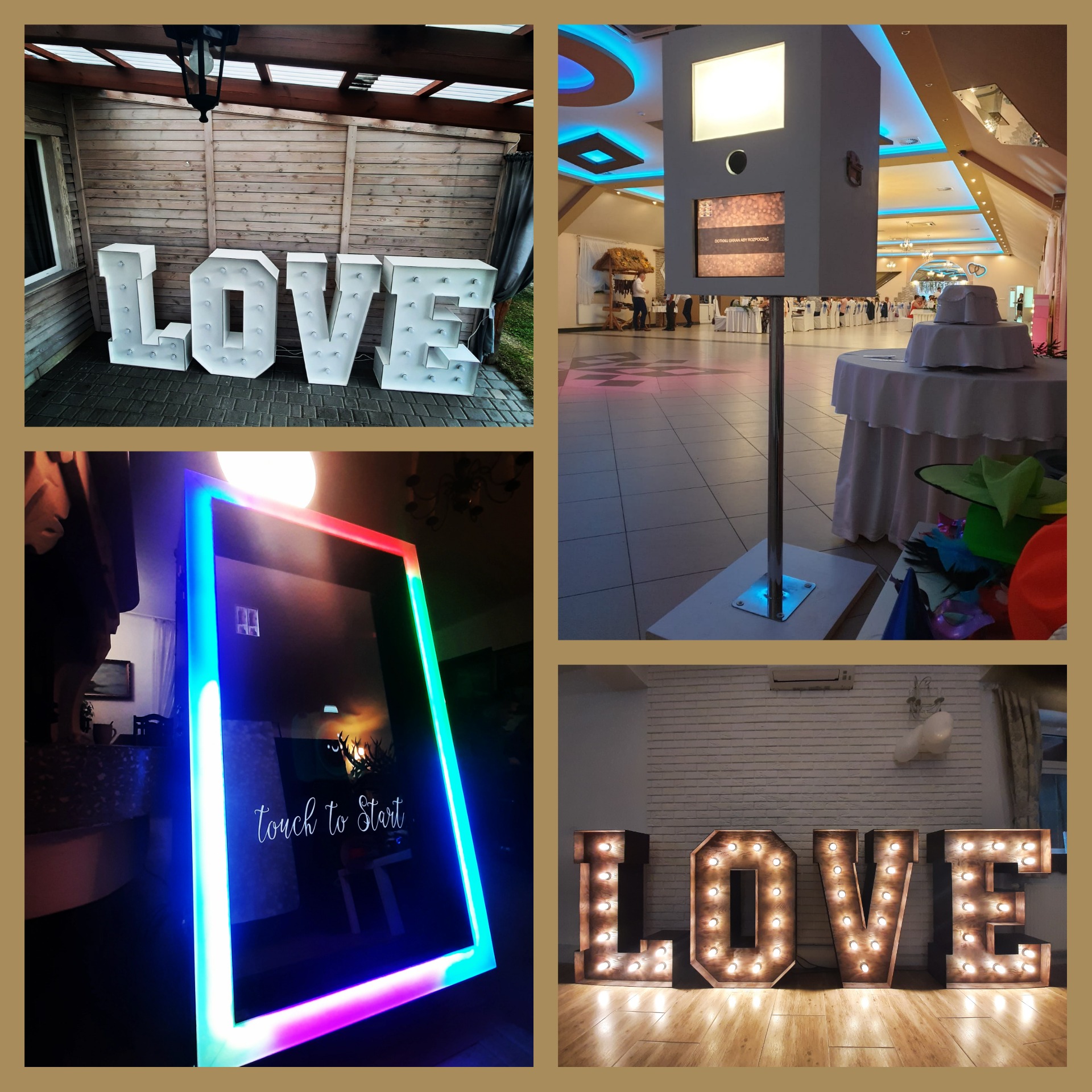 Kompozycja przedstawiająca fotobudkę, fotolustro z napisem 'Touch to Start' i dekoracyjne litery 'LOVE' z żarówkami, w różnych ustawieniach i lokalizacjach.