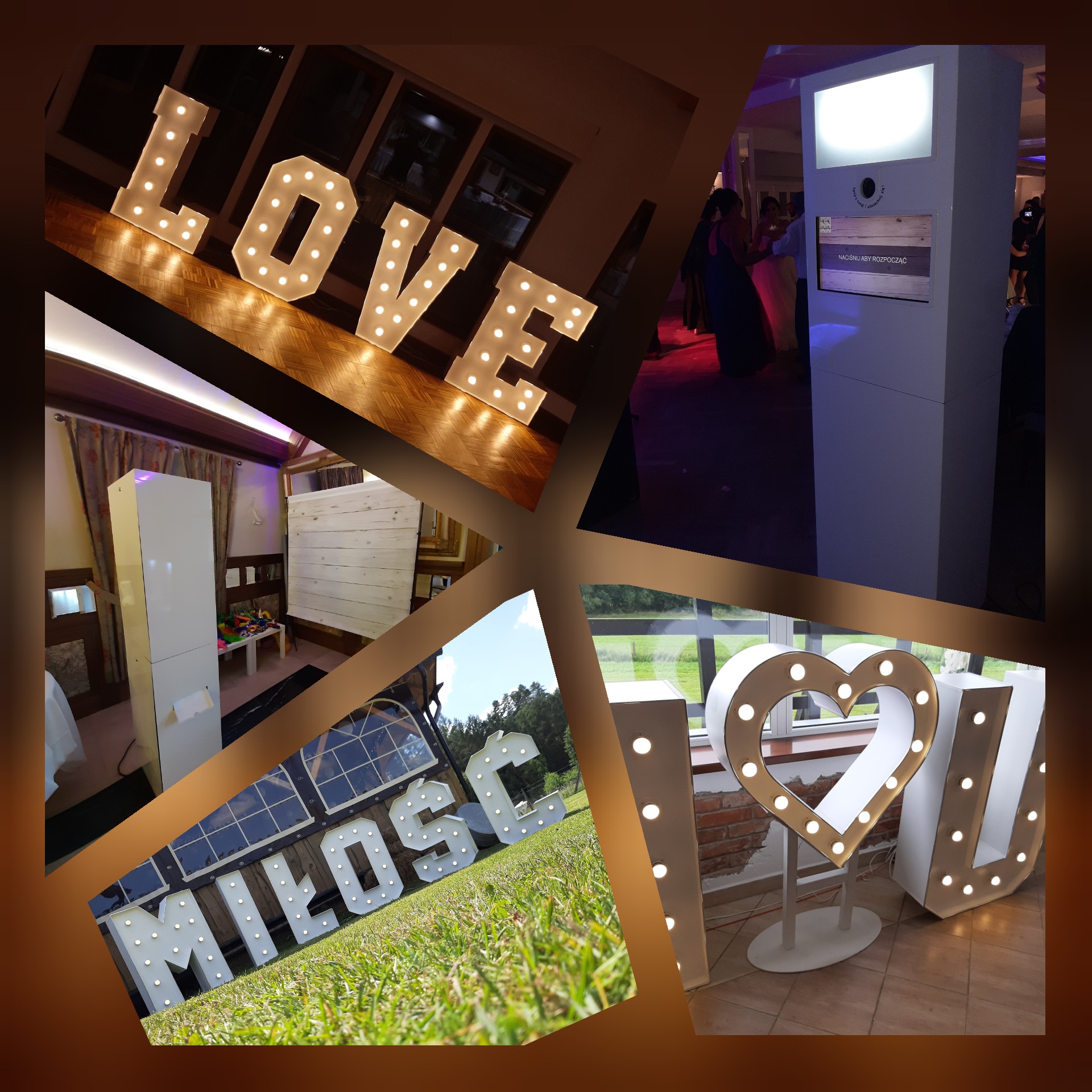 Kompozycja kolażu zdjęć z imprez: podświetlane litery LOVE i MIŁOŚĆ, oraz biała kabina z ekranem dotykowym dla gości.