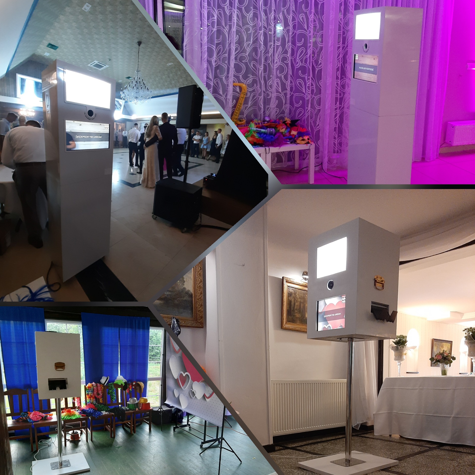 Kolaż przedstawiający białą kabinę do zdjęć z ekranem dotykowym, w różnych lokalizacjach: sala balowa z gośćmi, pomieszczenie z rekwizytami do zdjęć i tłem z zasłonami, oraz wnętrze z dekoracjami...