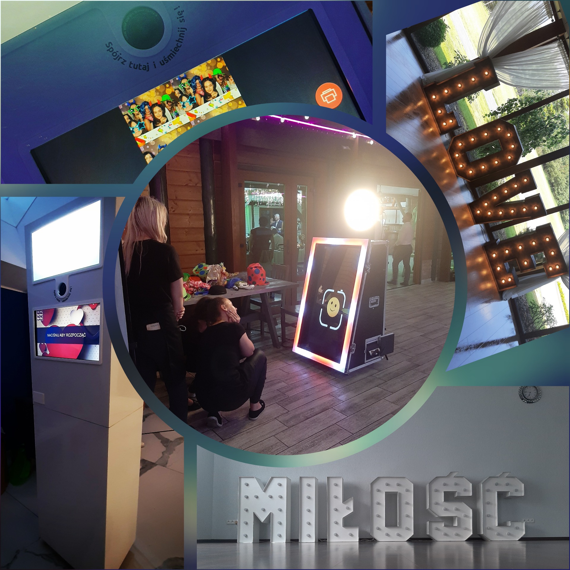 Kolaż zdjęć z imprezy: ekran dotykowy z emotikoną, rekwizyty, napis 'LOVE' z żarówkami, napis 'MIŁOŚĆ' z żarówkami, automatyczna drukarka zdjęć z imprezy.