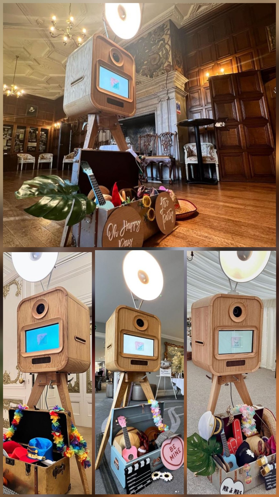 Drewniana konstrukcja do robienia zdjęć z ekranem, otoczona rekwizytami w kufrach: kapelusze, okulary, tabliczki z napisami, ukulele, kwiatowe girlandy, umieszczona w eleganckim wnętrzu.