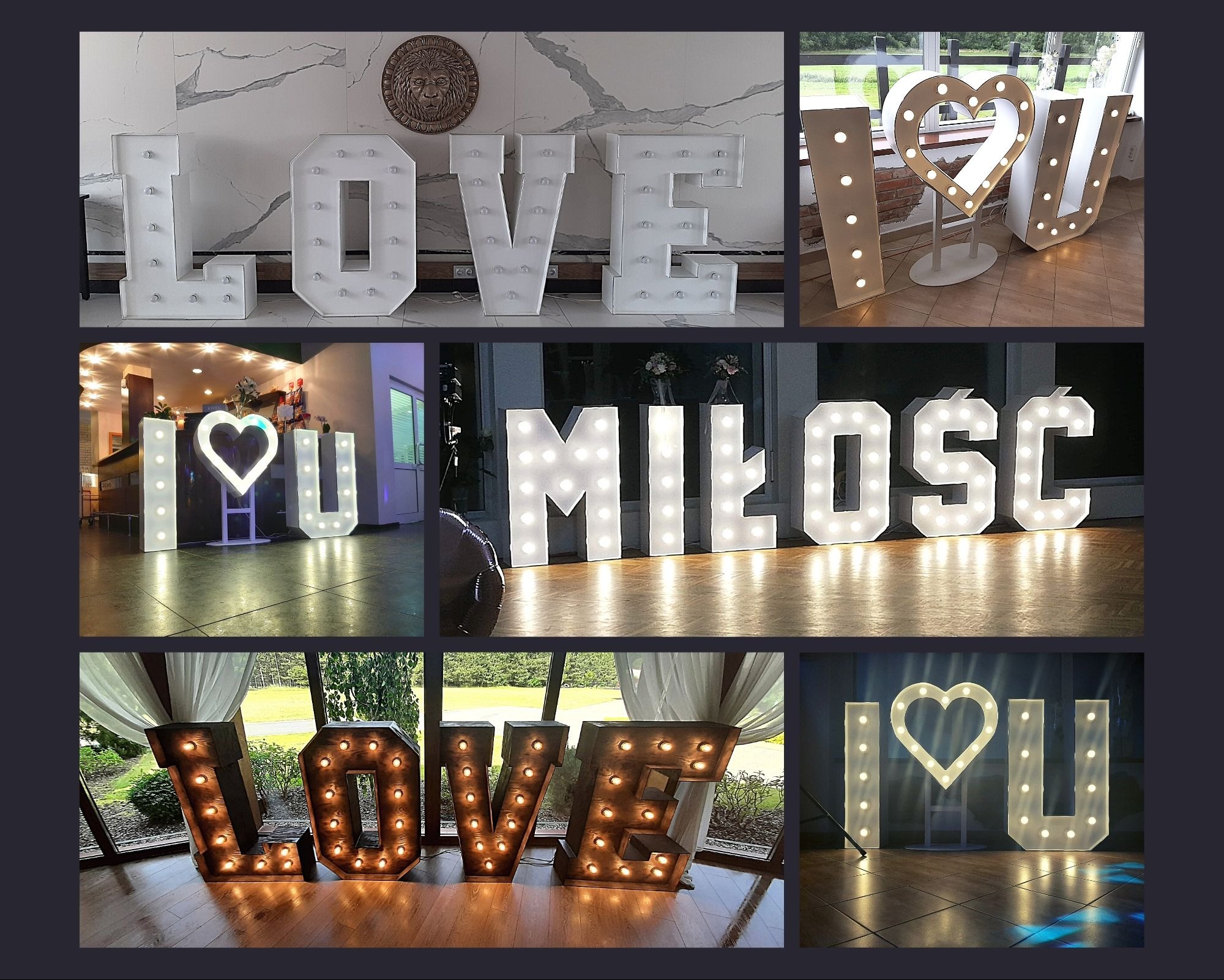 Kolaż zdjęć przedstawiających dekoracyjne, podświetlane litery tworzące napisy LOVE, MIŁOŚĆ oraz I serce U, wykorzystywane jako element wystroju sal weselnych i imprez.