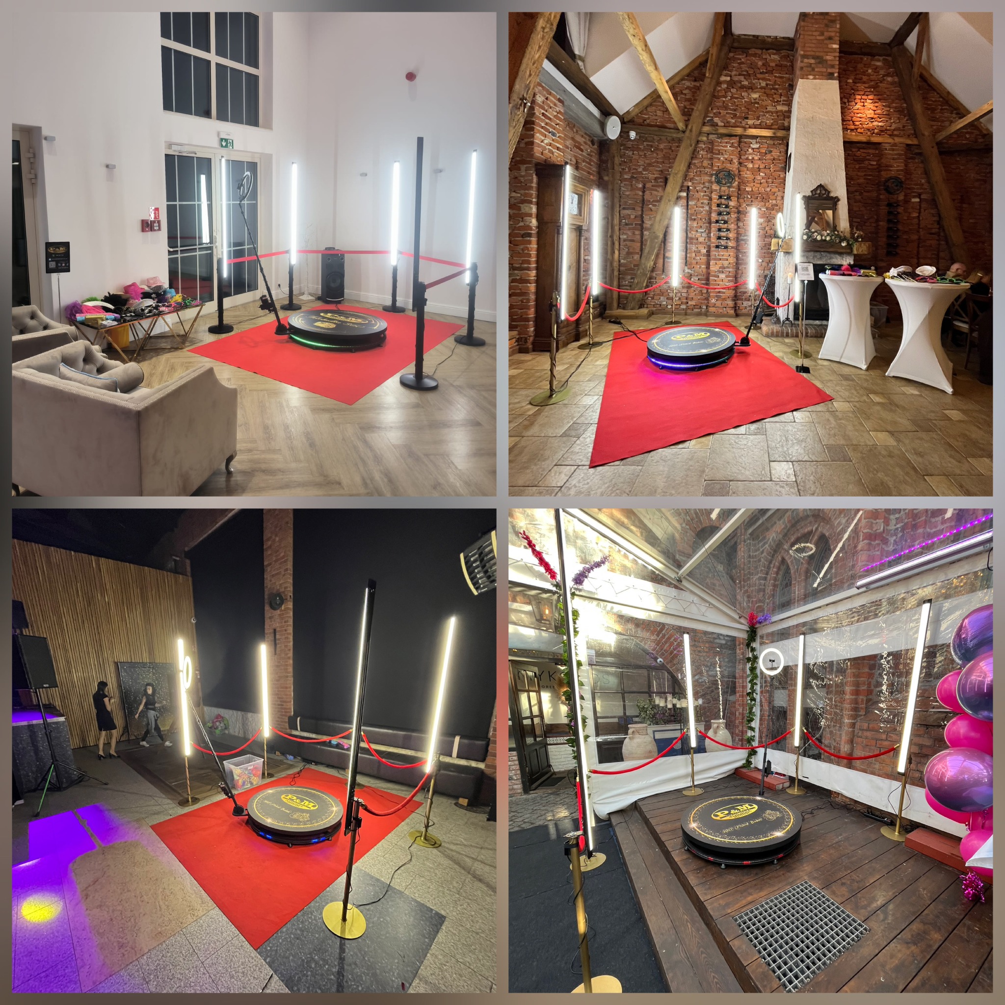 Cztery ujęcia z różnych lokalizacji prezentujące okrągłą platformę do nagrywania wideo 360 stopni, otoczoną lampami LED i wygrodzoną czerwonym sznurem, ustawioną na czerwonym dywanie...