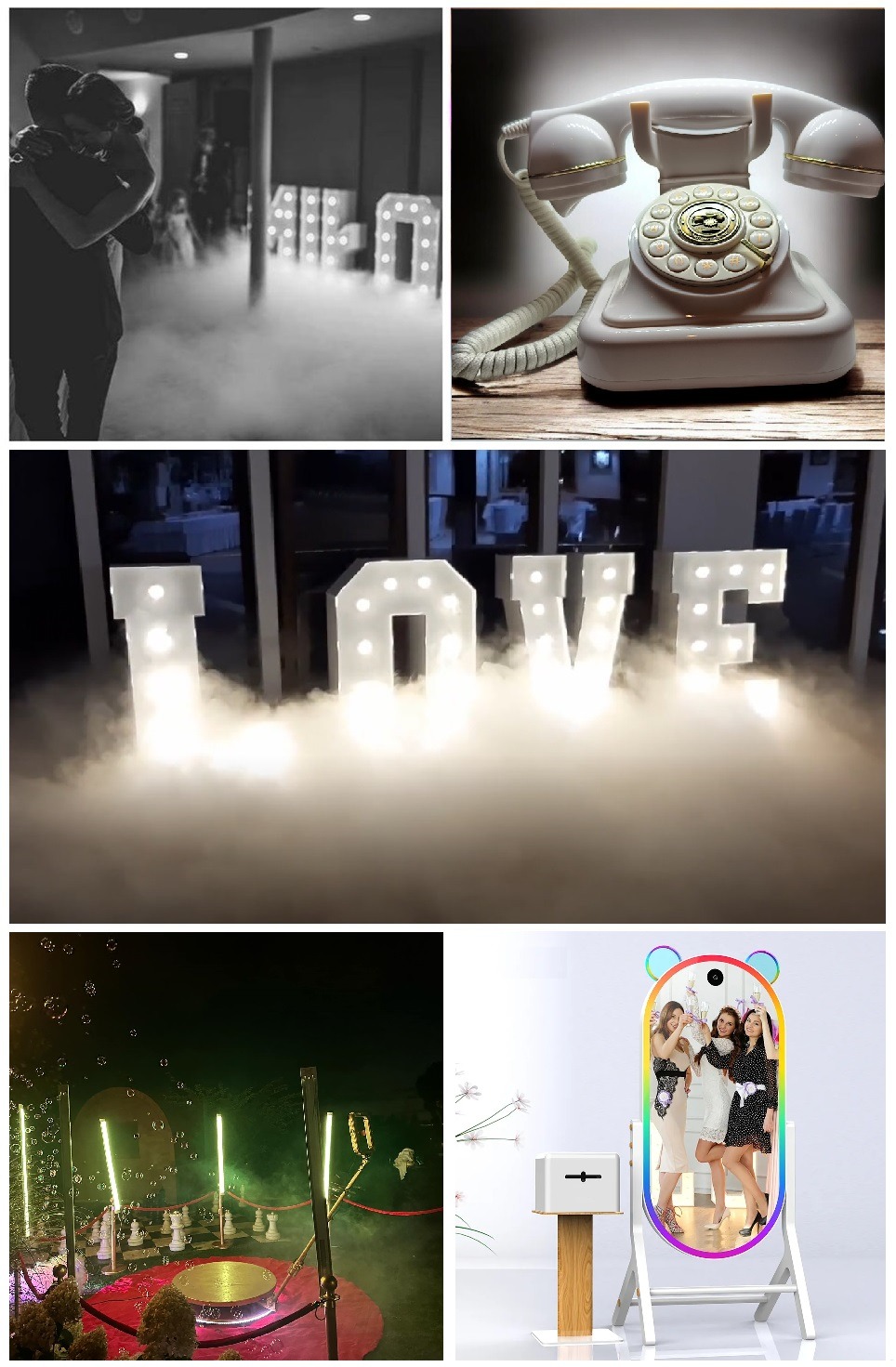Kolaż zdjęć: Para tańcząca w dymie obok podświetlanego napisu LOVE, biały telefon retro, podświetlony napis LOVE w dymie, scena z szachami i bańkami mydlanymi, fotobudka lustro z trzema kobietami.