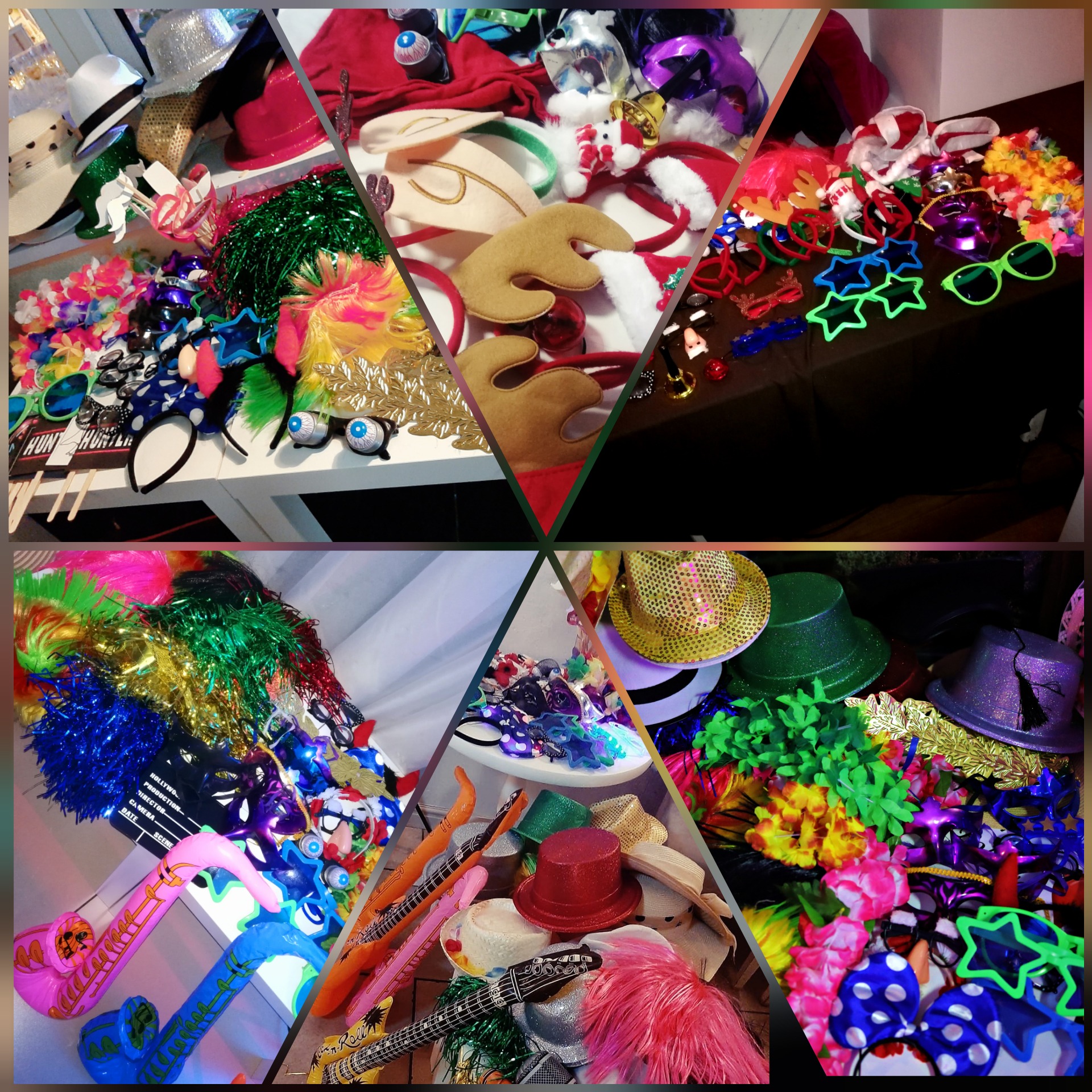Kolaż zdjęć rekwizytów do zdjęć: kapelusze cekinowe, okulary w kształcie gwiazd, peruki, dmuchane gitary i saksofony, boa z piór, girlandy, maski i opaski na głowę.