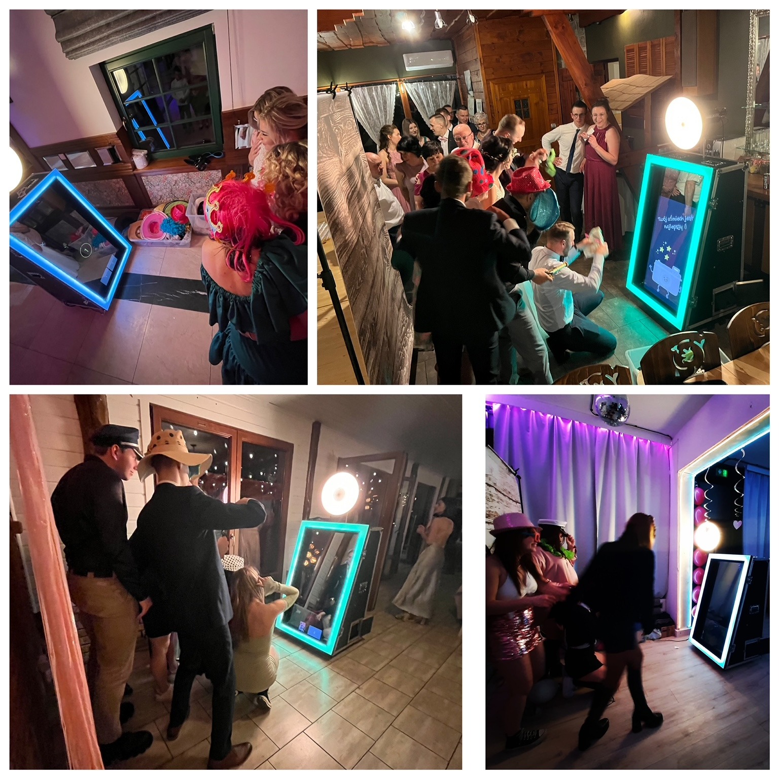Goście w przebraniach pozują do zdjęć przed interaktywnym lustrem z niebieskim oświetleniem podczas imprezy.