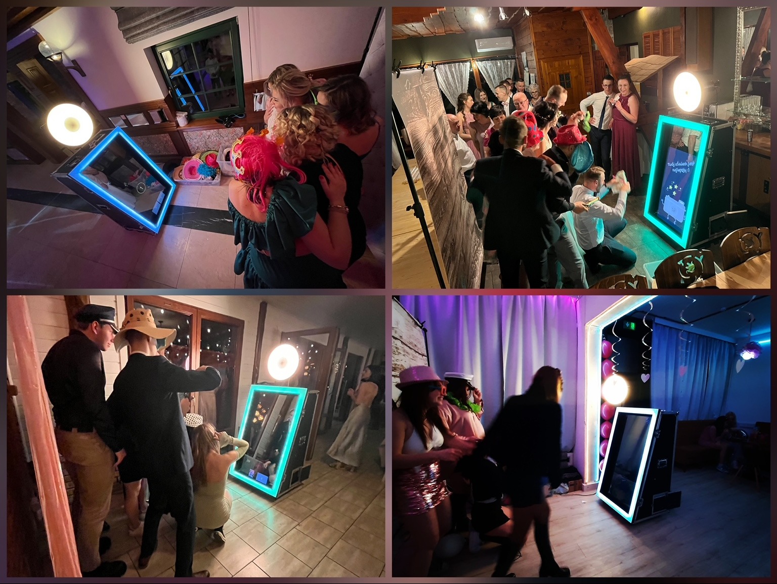 Mozaika zdjęć z imprez, na których goście pozują z rekwizytami przed lustrem z podświetleniem LED, tworząc pamiątkowe zdjęcia.