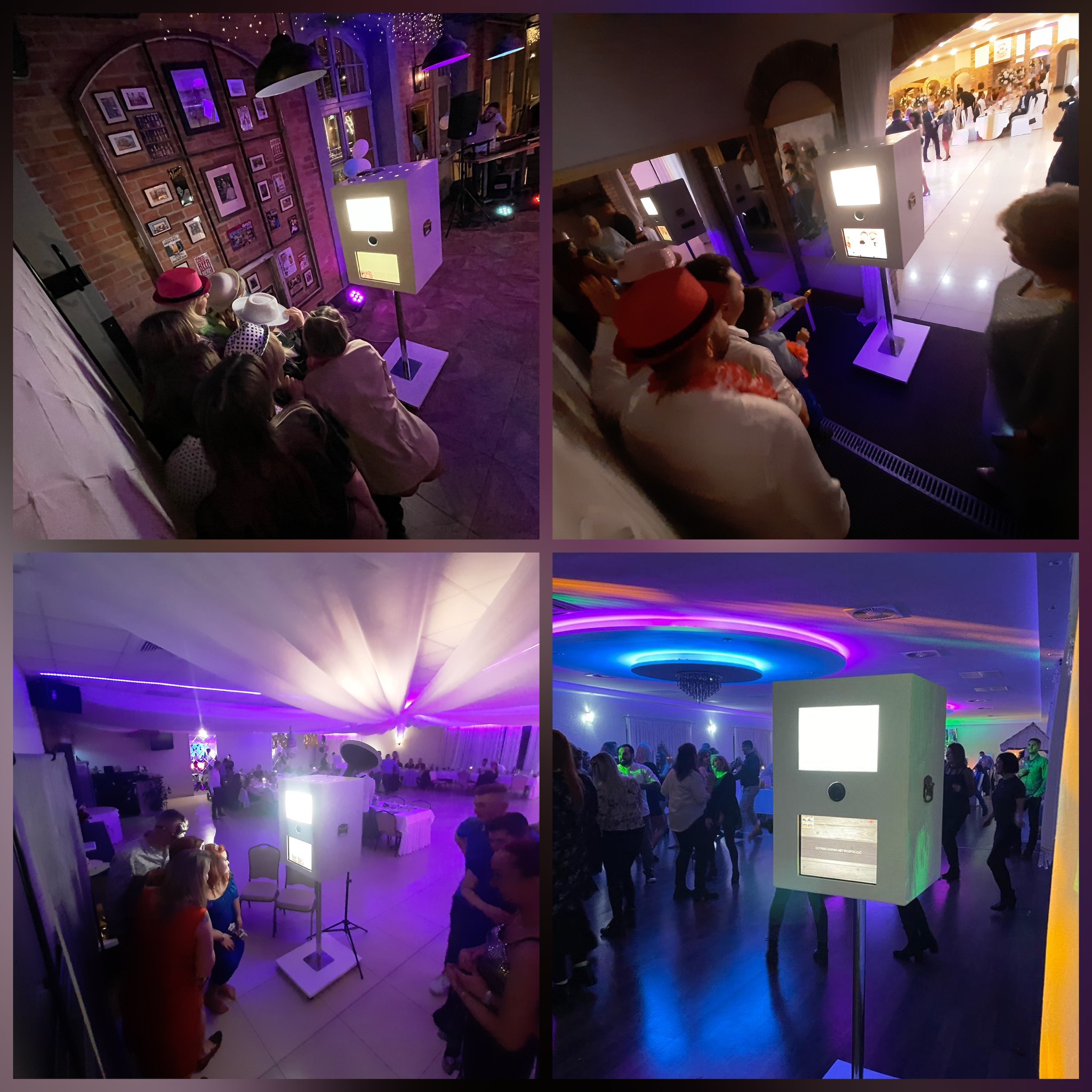 Kolaż czterech ujęć z imprezy z wykorzystaniem urządzenia do robienia zdjęć, goście wchodzą w interakcję z urządzeniem, w tle dekoracje sali i oświetlenie.