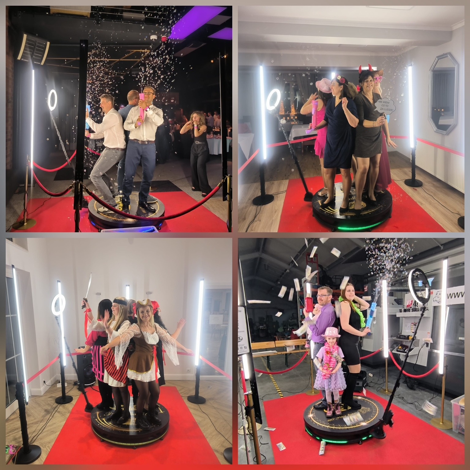 Kolaż zdjęć przedstawiający osoby korzystające z platformy obrotowej 360 stopni na różnych imprezach, z efektami specjalnymi takimi jak konfetti i sztuczne pieniądze.