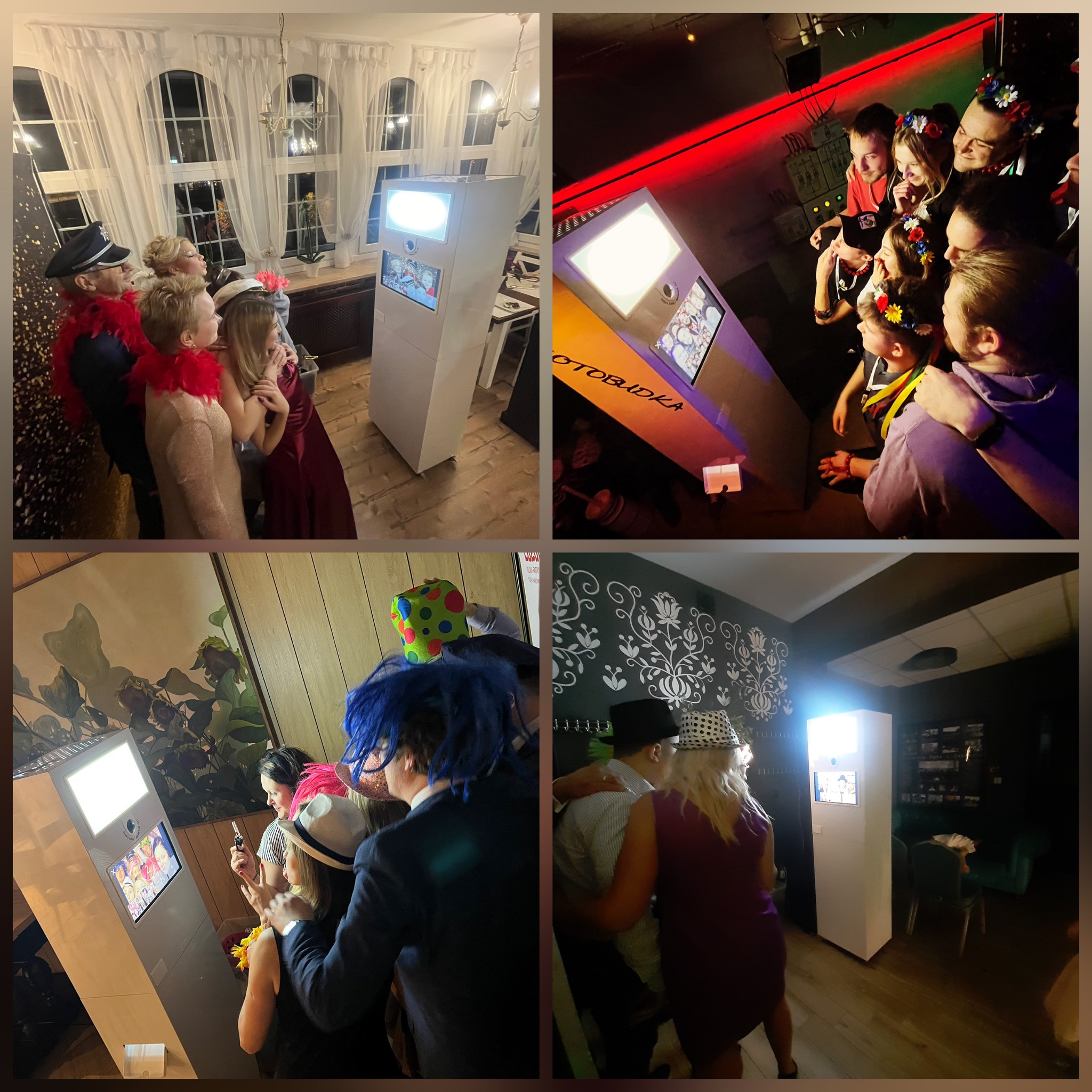 Cztery ujęcia z imprezy: ludzie pozujący do zdjęć przy urządzeniu z ekranem, w różnych stylizacjach i przebraniach, w tle dekoracje imprezowe.