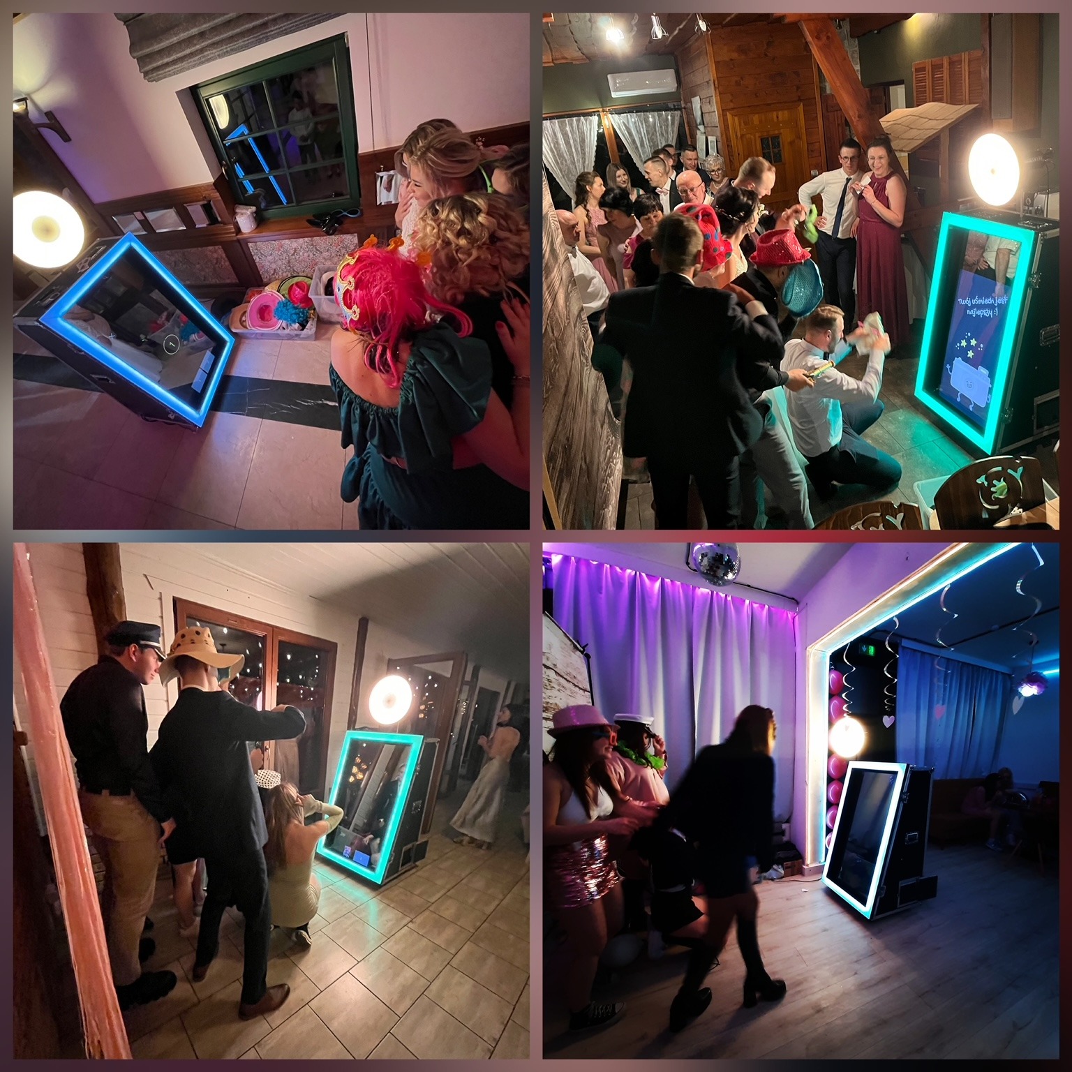 Kolaż zdjęć z imprez, na których goście korzystają z fotobudki z niebieskim oświetleniem LED. Widoczne osoby w przebraniach i z rekwizytami pozujące do zdjęć.