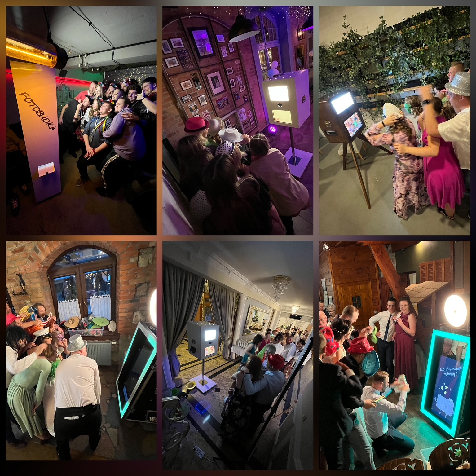 Kolaż zdjęć przedstawiający różne konfiguracje i ujęcia z imprez z wykorzystaniem urządzenia do robienia zdjęć z rekwizytami, w różnych lokalizacjach i z różnymi osobami.