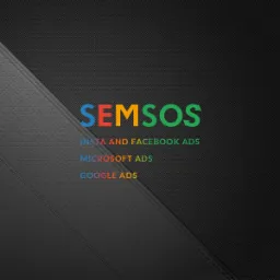 Grafika z nazwą firmy SEMSOS i listą usług reklamowych: Insta and Facebook Ads, Microsoft Ads, Google Ads, na ciemnym teksturowanym tle z ukośną linią.