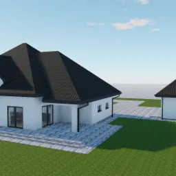 Indywidualny projekt domu jednorodzinnego z garażem dwustanowiskowym.